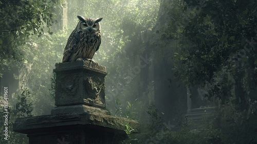 A large owl resting on a stone statue in an overgrown garden, evoking a mystical and eerie atmosphere. photo