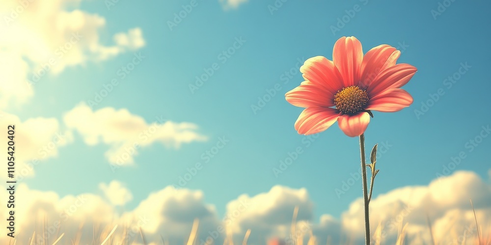 Vibrant flower against a blue sky backdrop featuring fluffy clouds. This image of a flower provides ample empty space for text, perfect for highlighting your message or branding.
