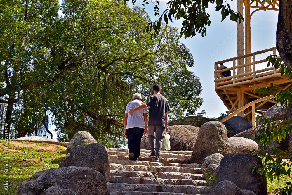 Young man climbing stairs with elderly man, Rio de Janeiro, Brazil