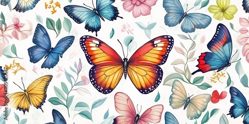 Colorful butterflies, flowers make beautiful pattern on white background. Pretty design perfect for fabrics decor. Floral pattern blends well with butterfly theme. Natural, delicate visuals. Spring