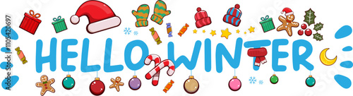 Hello winter banner design template with santa hat, christmas tree, candy, hat, mittens, berries, stars, gifts, balls, moon , gingerbread man, cookies. Hello winter blue sticker isolated on white
