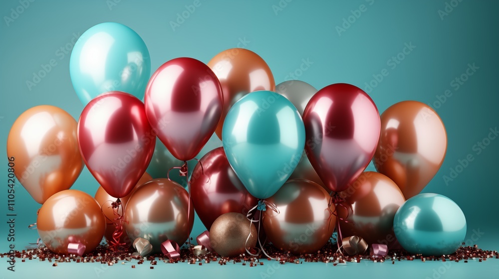 Vibrant balloons with colorful bunting on a blue background, ideal for a birthday or anniversary celebration. Vibrant balloons with colorful bunting on a blue background, ideal for a birthday or anniversary celebration.