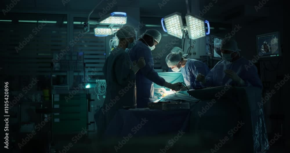 Medical Team Performing a Complex Surgery on a Patient, Using Specialized Tools, Looking at Digital Screens with Health Information. Doctors with a Female Surgeon in the Lead Saving Patient's Life Medical Team Performing a Complex Surgery on a Patient, Using Specialized Tools, Looking at Digital Screens with Health Information. Doctors with a Female Surgeon in the Lead Saving Patient's Life