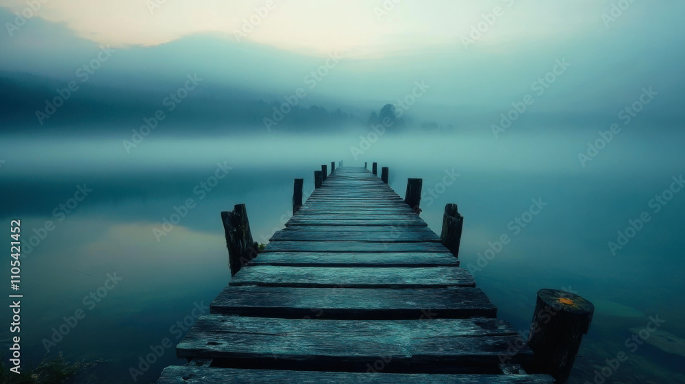 Obraz premium A misty dawn at the wooden pier stretching into the calm waters of a serene lake surrounded by distant mountains