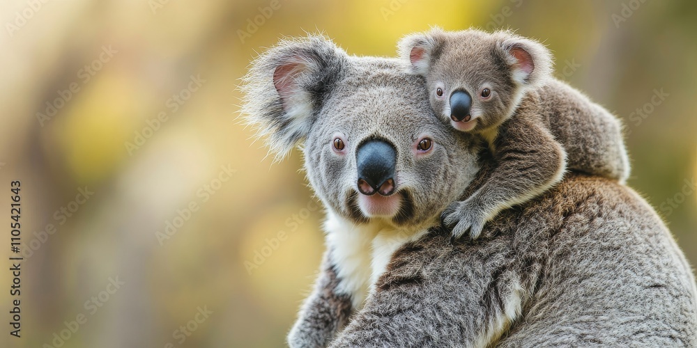 Naklejka premium Female koala, phascolarctos cinereus, carries a young koala on her back, showcasing the bond between parent and offspring. This captivating koala scene highlights the nurturing nature of koalas.