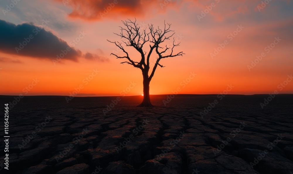 Fototapeta premium A lone, charred tree standing in a barren, cracked landscape with an ominous orange glow on the horizon from a nuclear blast