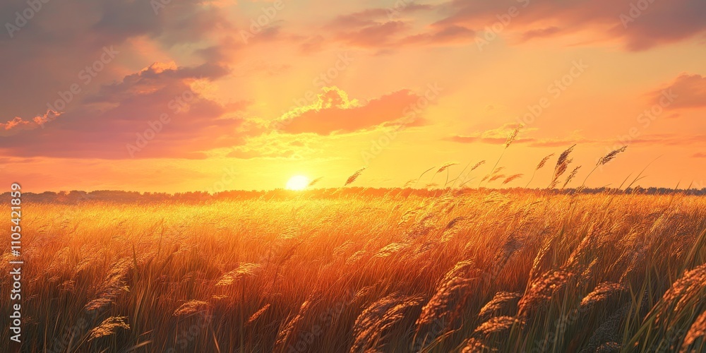 Fototapeta premium Serene grass bathed in the warm glow of sunset light creates a tranquil nature scene, highlighting the beauty of grass as it dances gently in the evening breeze. Perfect for capturing nature s