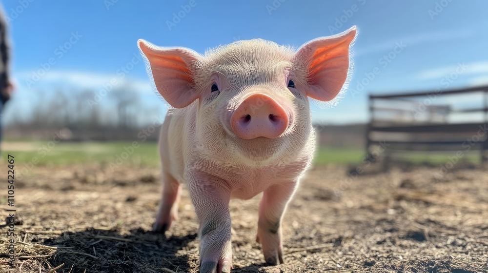 A lively piglet exploring an open area on the farm, with a bright blue sky in the background. A lively piglet exploring an open area on the farm, with a bright blue sky in the background.