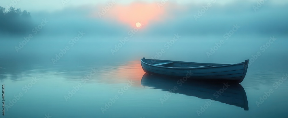 foggy sky enveloping a solitary boat on calm waters creating a serene and mysterious atmosphere that evokes tranquility and contemplation foggy sky enveloping a solitary boat on calm waters creating a serene and mysterious atmosphere that evokes tranquility and contemplation