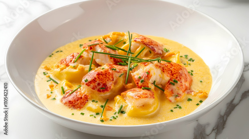 Lobster Ravioli with Saffron Cream Sauce and Chives, Luxury Pasta Photography