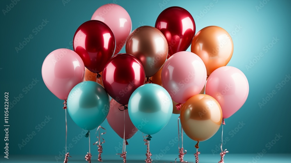 Bright balloons and party hats create a festive atmosphere, perfect for birthdays and celebrations, set against a blue background. Bright balloons and party hats create a festive atmosphere, perfect for birthdays and celebrations, set against a blue background.