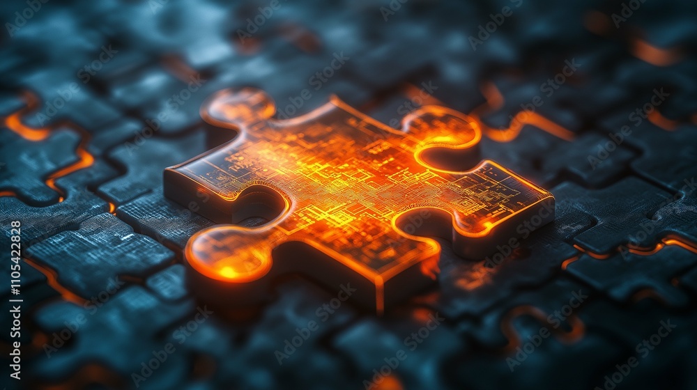 Glowing Puzzle Piece in Dark Background with Technology Design Glowing Puzzle Piece in Dark Background with Technology Design