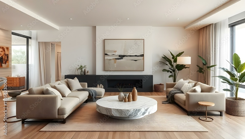 Design a modern, open-concept living room with a cozy and minimalist Design a modern, open-concept living room with a cozy and minimalist