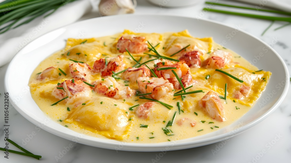 Lobster Ravioli with Saffron Cream Sauce and Chives, Luxury Pasta Photography Lobster Ravioli with Saffron Cream Sauce and Chives, Luxury Pasta Photography