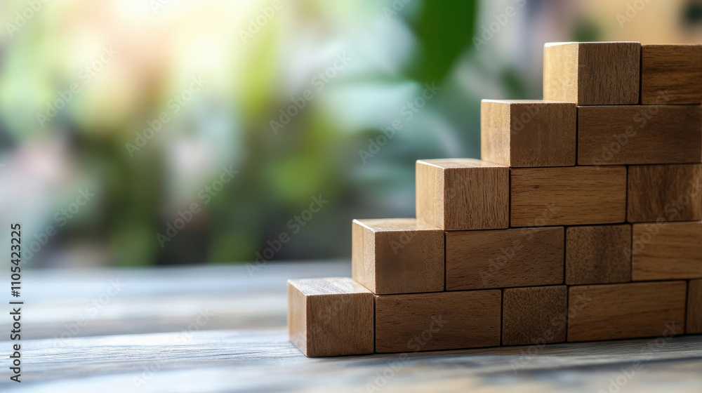 Wooden blocks stacked on a wooden surface, resembling a miniature house or building Wooden blocks stacked on a wooden surface, resembling a miniature house or building