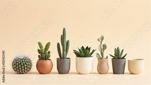 Generative AI, Minimalist Arrangement of Potted Cacti and Succulents in Soft Lighting