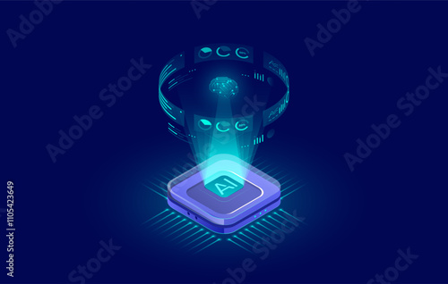 Ai (Artificial Intelligence) Icon, Cloud Computing, Data Mining, Neural Networks, and Machine Programming Concepts, Isometric Vector