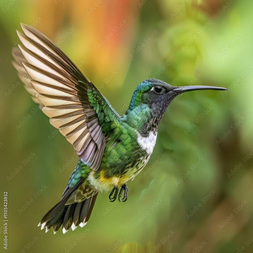Fototapeta premium Black throated Mango flying solo against green backdrop.