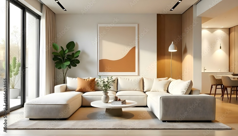 Design a modern, open-concept living room with a cozy and minimalist Design a modern, open-concept living room with a cozy and minimalist