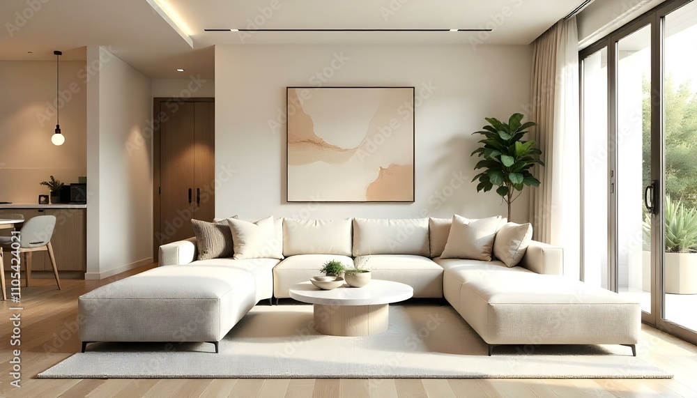 Design a modern, open-concept living room with a cozy and minimalist Design a modern, open-concept living room with a cozy and minimalist