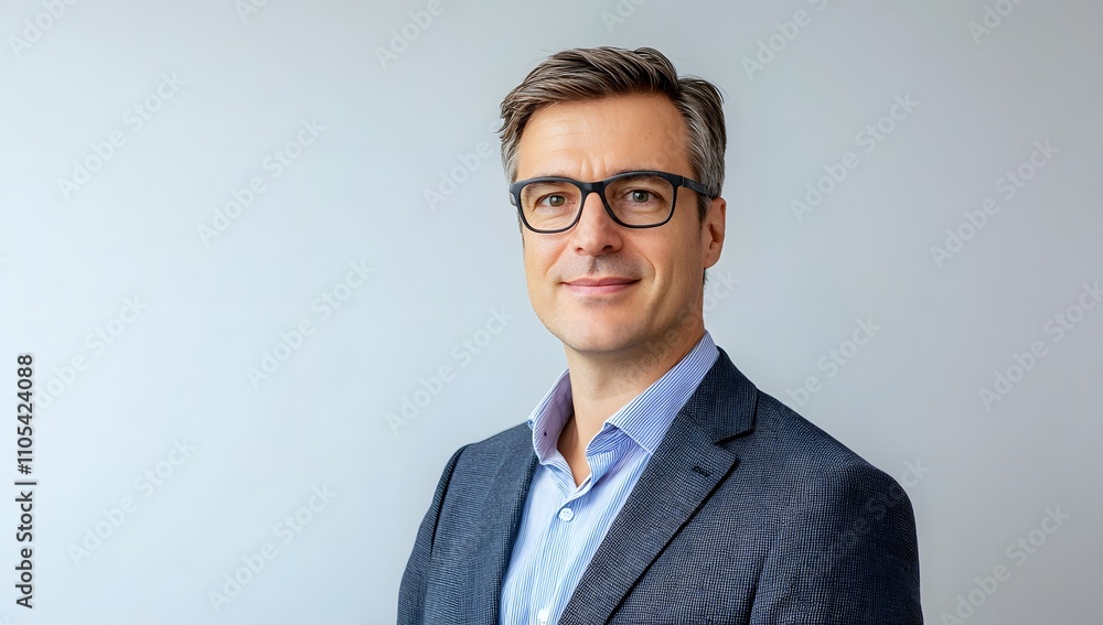 Portrait of a smiling middle-aged man with glasses wearing a suit. Professional headshot against a light gray background. Portrait of a smiling middle-aged man with glasses wearing a suit. Professional headshot against a light gray background.