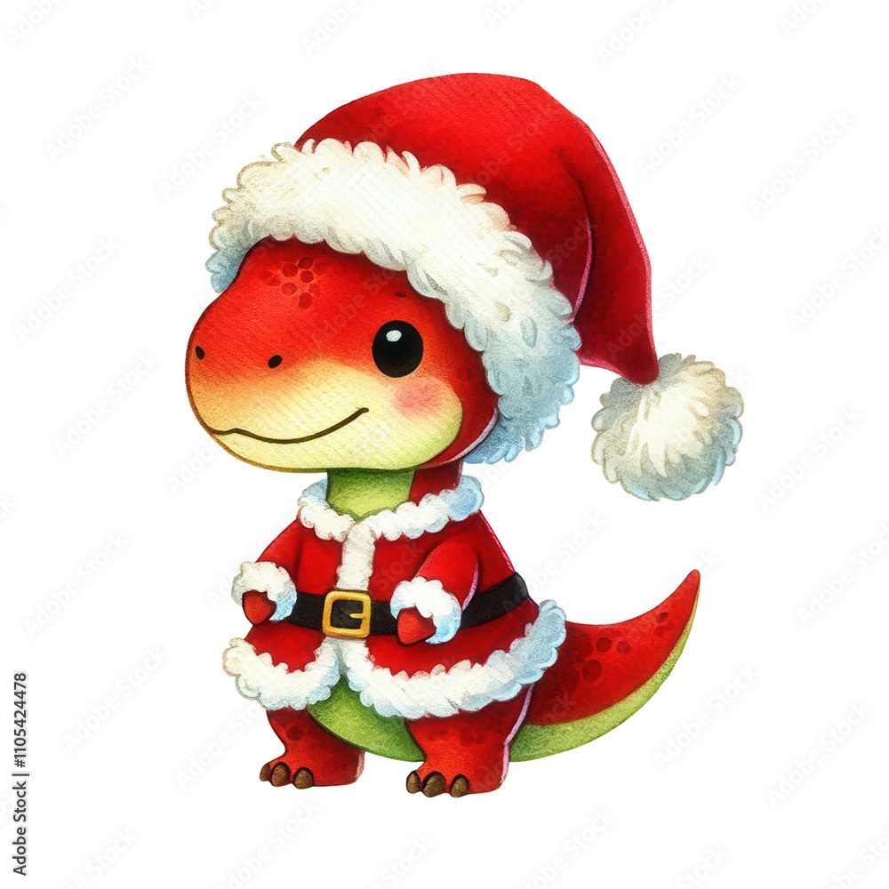 A cheerful red dinosaur dressed in a full Santa Claus outfit with a fluffy hat, spreading holiday cheer and joy. A cheerful red dinosaur dressed in a full Santa Claus outfit with a fluffy hat, spreading holiday cheer and joy.