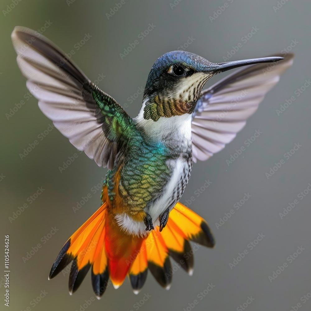 Fototapeta premium Vibrant black throated mango hummingbird with orange tail in flight.