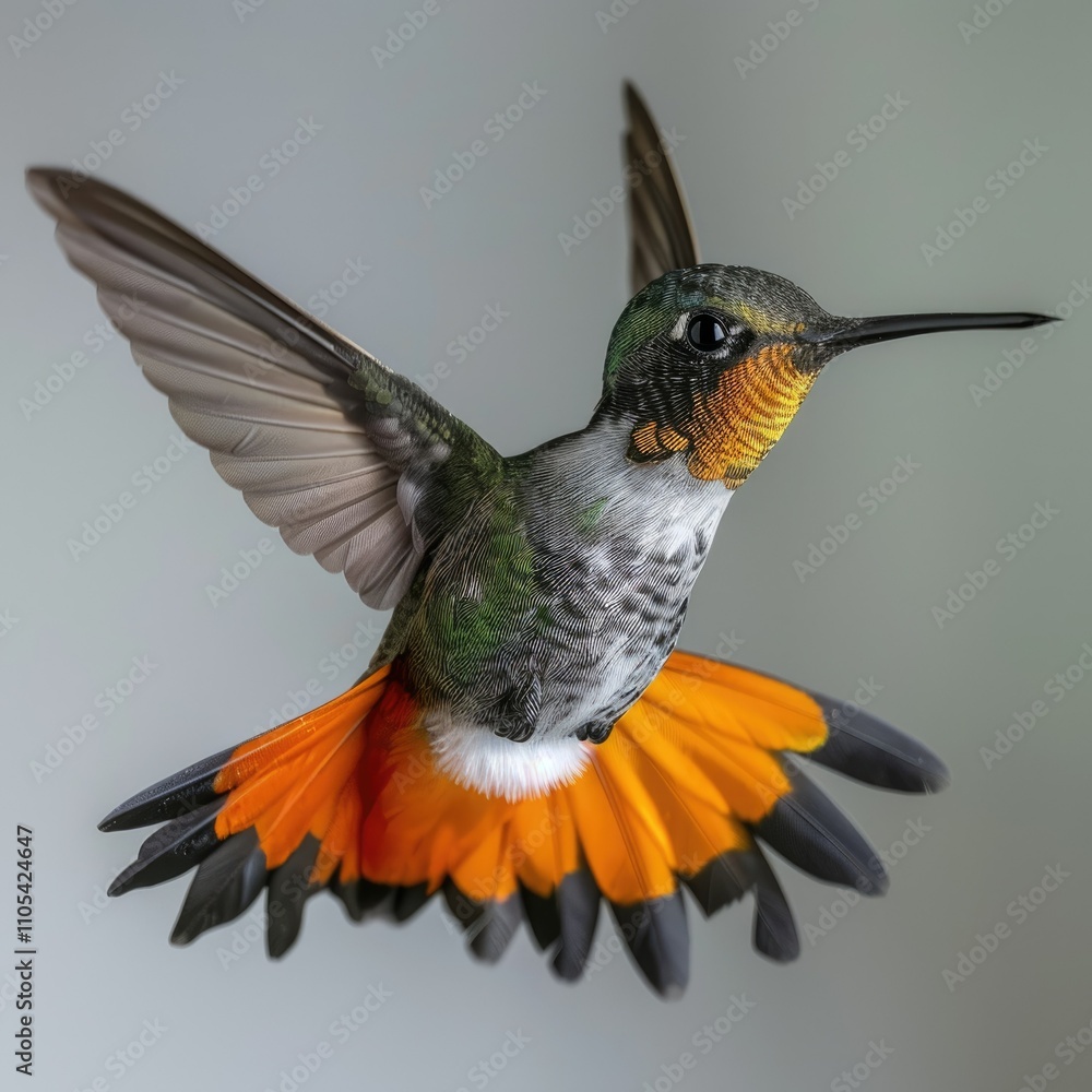 Fototapeta premium Vibrant black throated mango hummingbird with orange tail in flight.