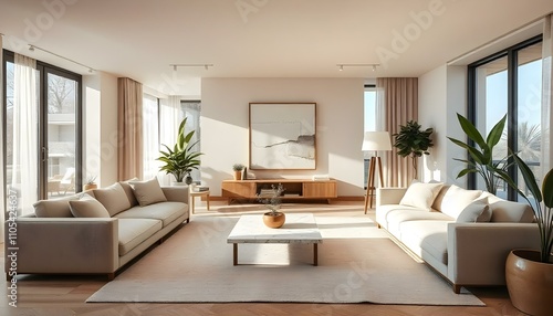 Design a modern, open-concept living room with a cozy and minimalist