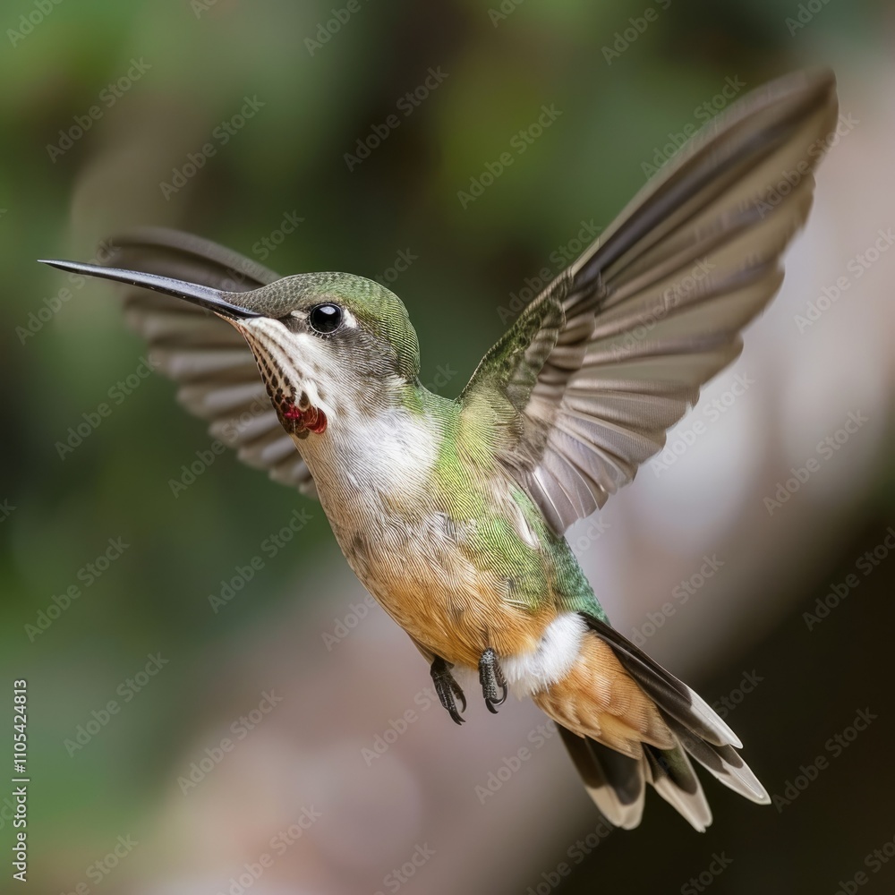Fototapeta premium Female Ruby Throadted Hummingbird in flight