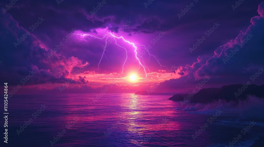 Dramatic sunset seascape with lightning bolt striking across purple-pink sky. Ocean reflects vibrant colors while storm clouds frame brilliant sun on horizon Dramatic sunset seascape with lightning bolt striking across purple-pink sky. Ocean reflects vibrant colors while storm clouds frame brilliant sun on horizon