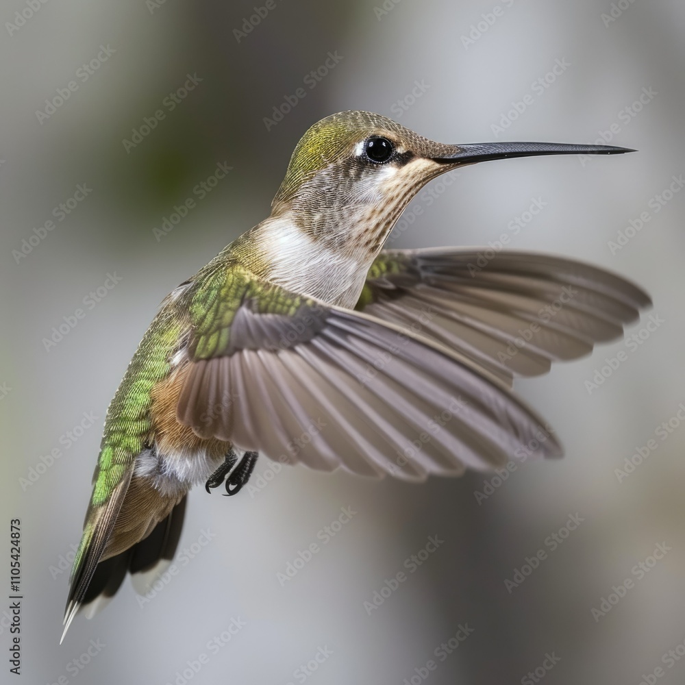 Fototapeta premium Female ruby throated hummingbird in flight
