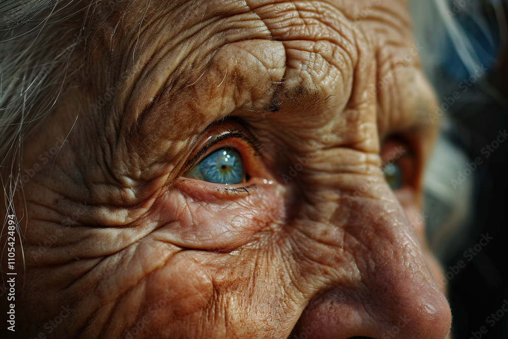 Intricate details of an elderly eye featuring a vibrant blue iris and deep wrinkles. Age, wisdom, and emotion, ideal for human anatomy studies, portrait concepts, and storytelling themes. Intricate details of an elderly eye featuring a vibrant blue iris and deep wrinkles. Age, wisdom, and emotion, ideal for human anatomy studies, portrait concepts, and storytelling themes.