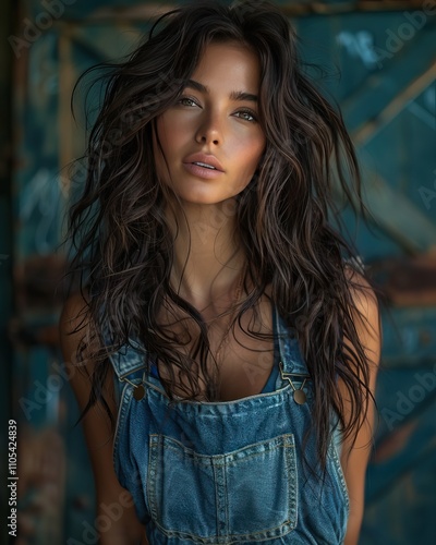 An Indian woman poses gracefully in overalls, showcasing her dark, slightly curly hair in a unique, artistic aesthetic ambiance photo