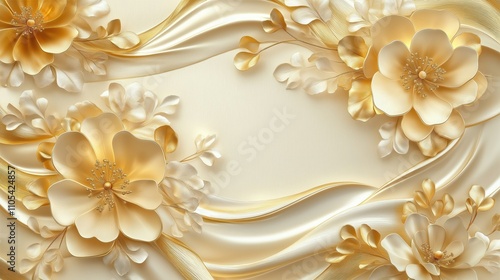 Gold, cream flowers in 3D mural wallpaper design. Abstract floral pattern on silk fabric background. High quality AI image. Luxury floral design for home decor. Elegant wall decor pattern. Beautiful