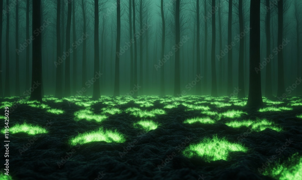 Obraz premium Dark forest illuminated by eerie green radioactive fog with mutated plants and glowing fungal growths spreading across the ground 
