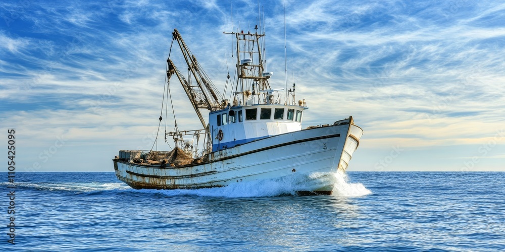 Shrimp fishing vessel navigating the waters, showcasing a cutter designed for shrimp fishing in a marine environment, highlighting the essence of shrimp fishing practices at sea. Shrimp fishing vessel navigating the waters, showcasing a cutter designed for shrimp fishing in a marine environment, highlighting the essence of shrimp fishing practices at sea.