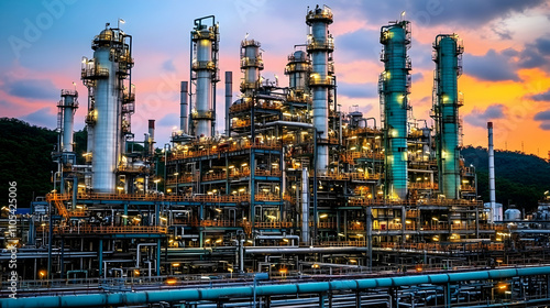 A Large Industrial Refinery Complex with Tall Towers and Piping Structures Against a Pink and Orange Sunset Sky