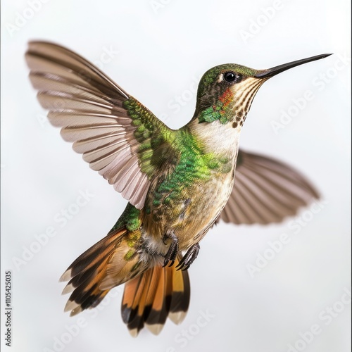 Flying hummingbird isolated on white background photo