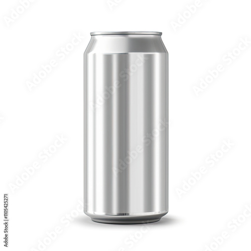 Photorealistic Silver Aluminum Can Mockup. AI generated image of a plain silver aluminum beverage can with a matte metallic finish, displayed upright on a seamless white background. 