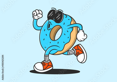 Donut, make the world go round. Retro mascot character of donut in running pose, in blue colors