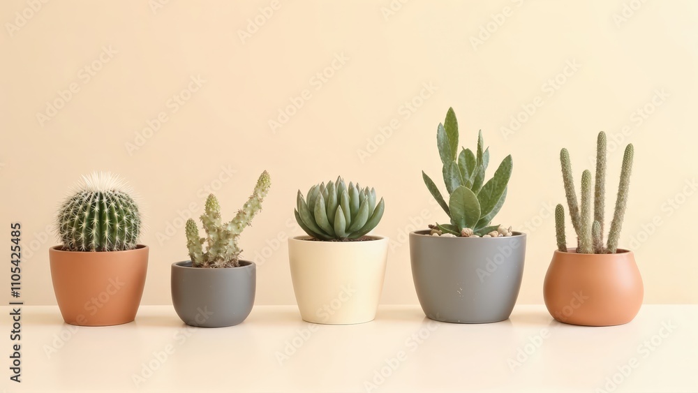 Generative AI, Minimalist Arrangement of Potted Cacti and Succulents in Soft Lighting Generative AI, Minimalist Arrangement of Potted Cacti and Succulents in Soft Lighting