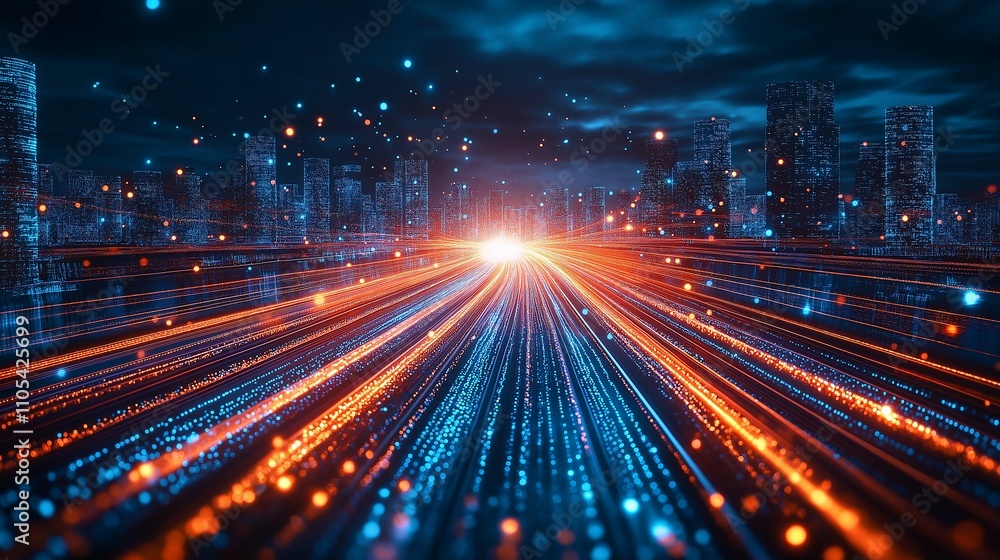 Futuristic Cityscape with Light Trails at Night in Digital Environment Futuristic Cityscape with Light Trails at Night in Digital Environment