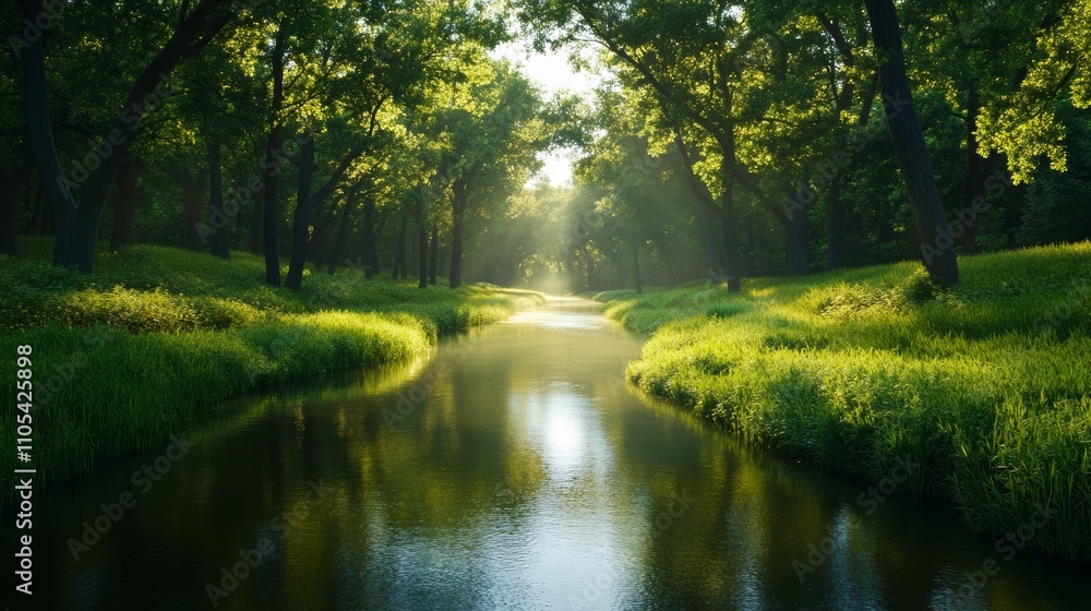 Forest creek scene, warm sunlight, green, brown, gold, serene atmosphere Forest creek scene, warm sunlight, green, brown, gold, serene atmosphere