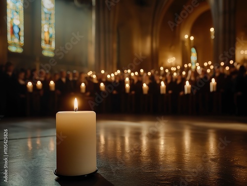 Intimate candlelight vigil for peace in a historic church's serene atmosphere photo