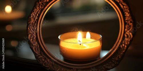 Reflection of a candle illuminated in an antique mirror, showcasing the warm glow. The candle s reflection creates a beautiful ambiance in an old mirror setting. photo