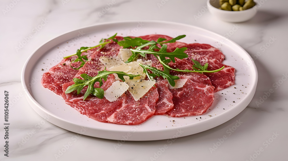 Traditional Beef Carpaccio with Truffle Oil and Aged Parmesan, Italian Appetizer Photography Traditional Beef Carpaccio with Truffle Oil and Aged Parmesan, Italian Appetizer Photography