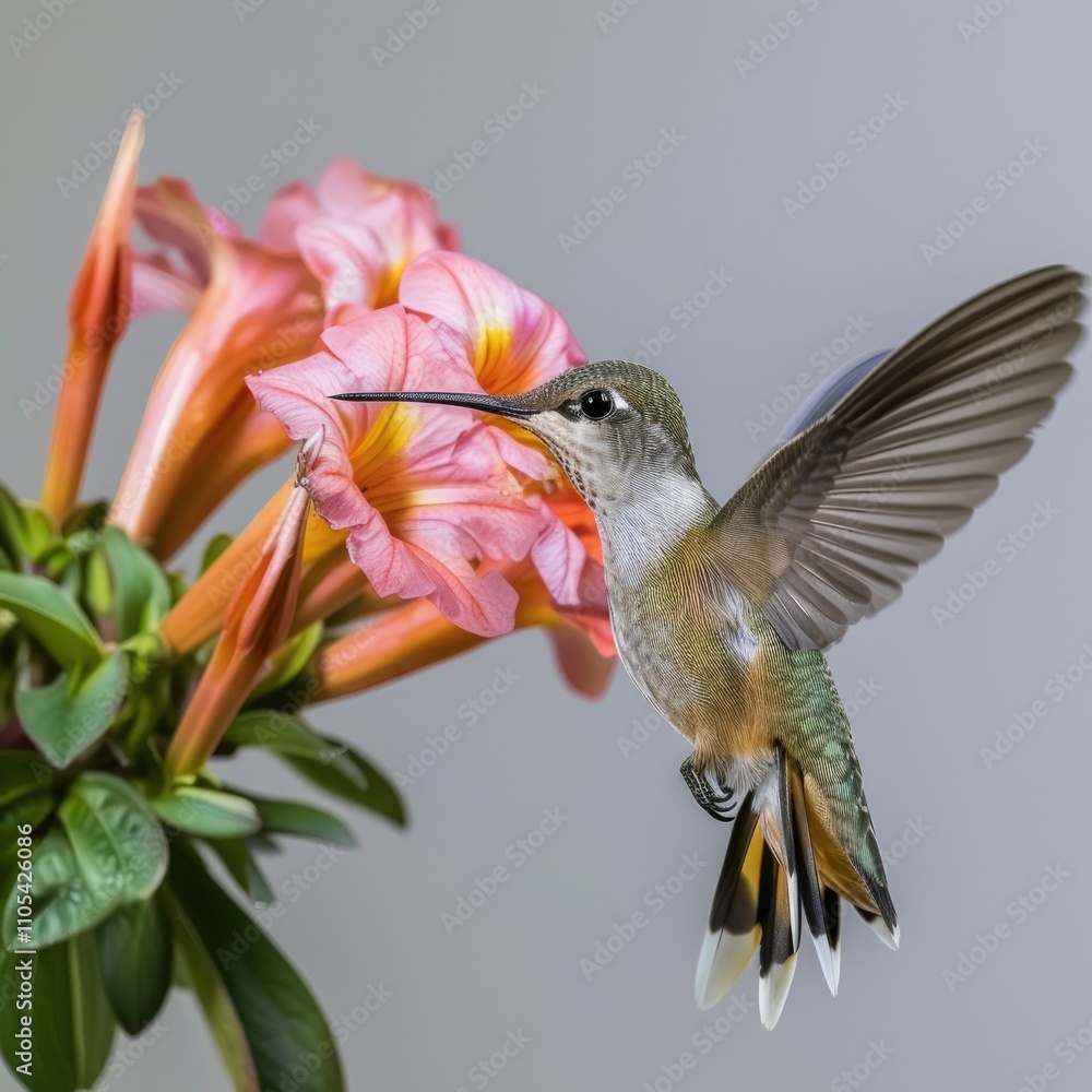 Fototapeta premium Hummingbird and flower in flight on white background.