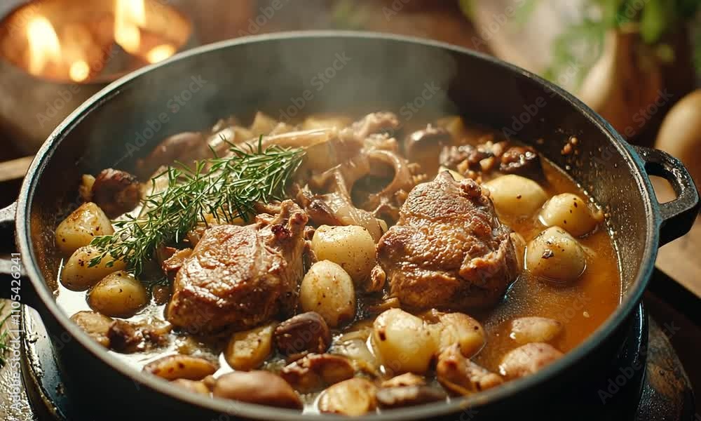 A steaming pot of meat and vegetables, showcasing a hearty meal being prepared. A steaming pot of meat and vegetables, showcasing a hearty meal being prepared.