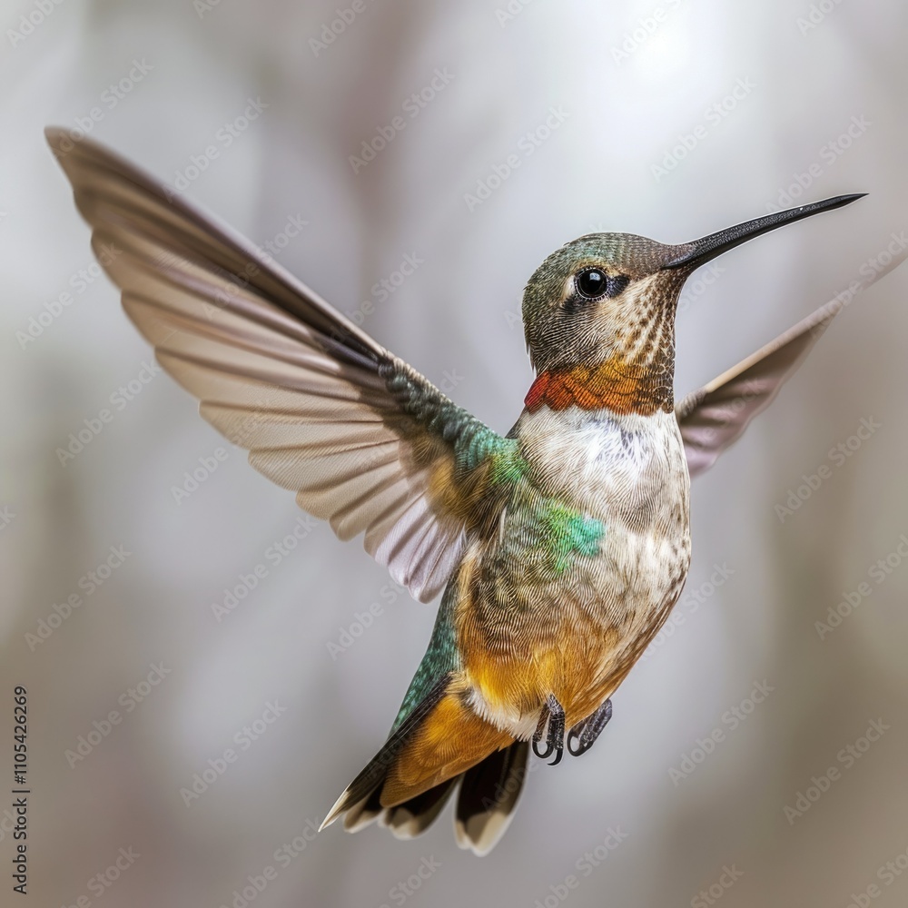 Hummingbird in flight against an isolated background with slight motion blur in the wings Hummingbird in flight against an isolated background with slight motion blur in the wings